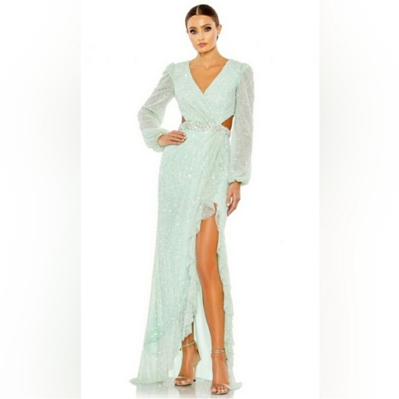 NWT Mac Duggal Embellished Bishop Sleeve Ruffle Gown Seafoam Mint 8 - Picture 1 of 8